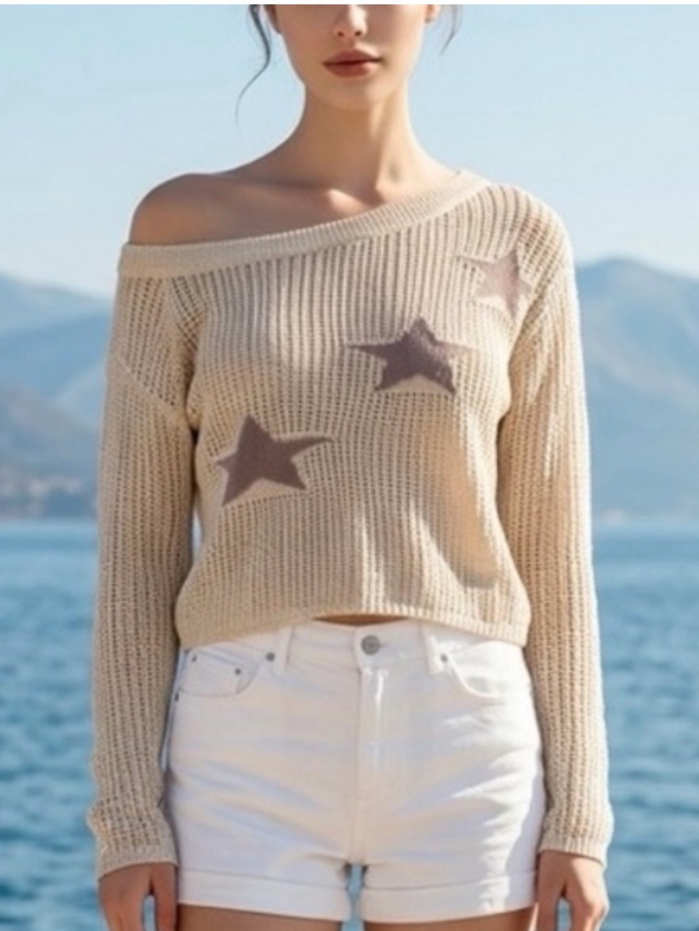 NWT Cider Beige Star-Pattern Off-Shoulder Knit Sweater